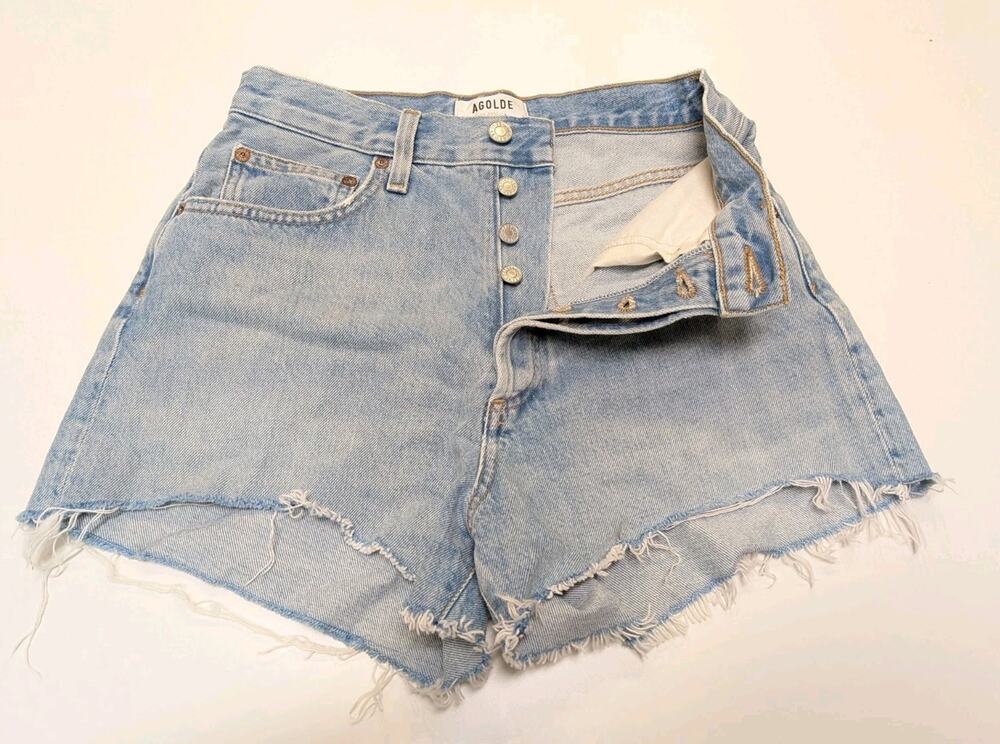 AGOLDE Mila Short Womens Sz 26 Blue Denim Cutoff Distressed High Rise Button Fly